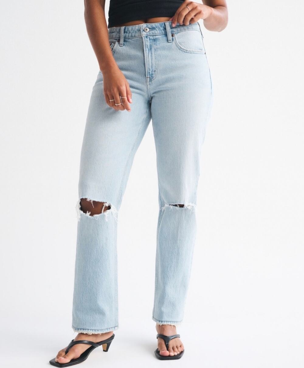 Abercrombie Fitch 90s Straight Mid Rise Jeans 29 Regular Light Wash Distressed